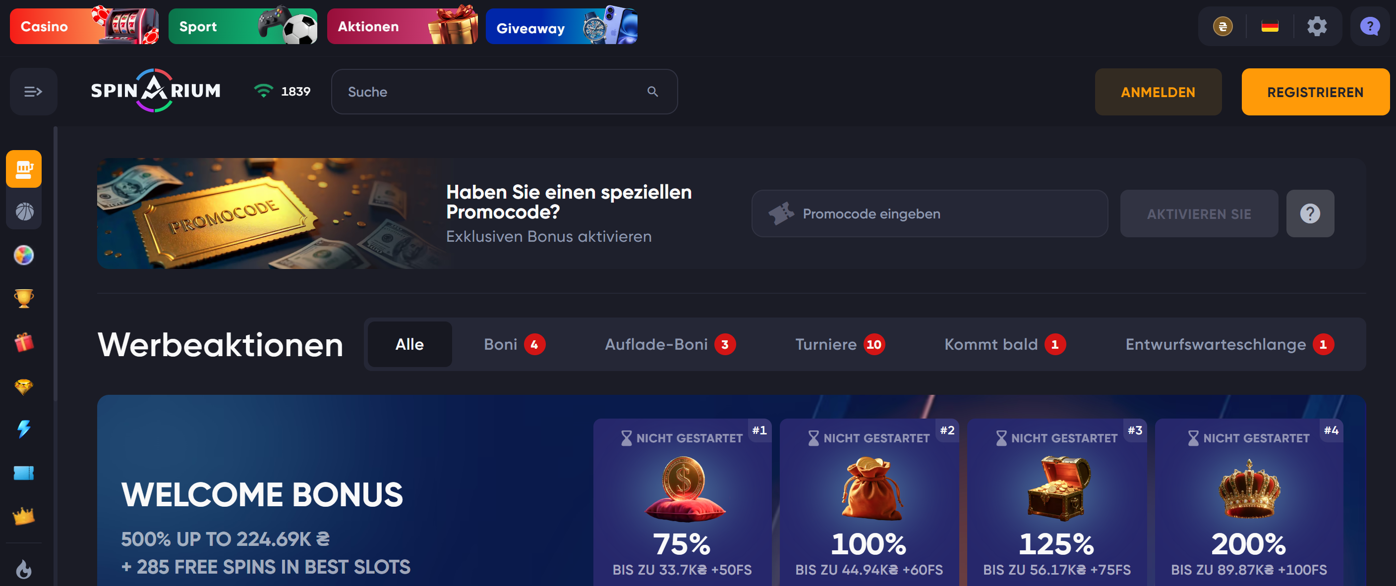 Spinarium 100 Freispiele ohne Einzahlung Screenshot